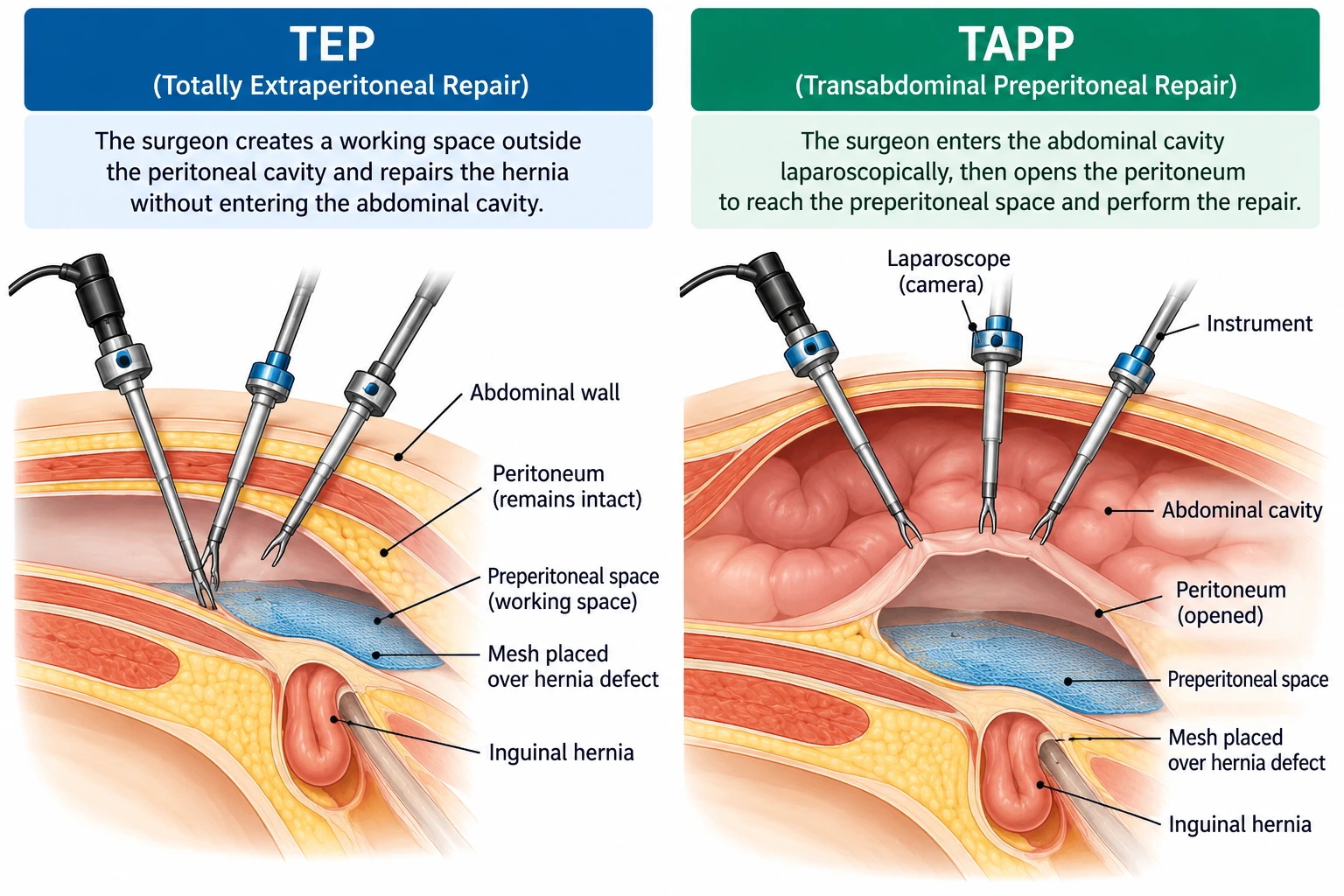 Simple diagram of TEP and TAPP hernia repair access routes